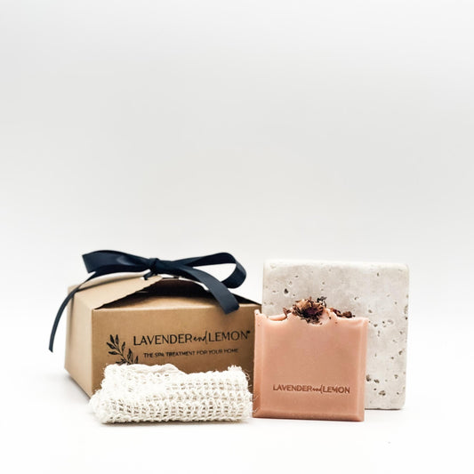 Lavender and Lemon soap packaging with a bar of soap and a box on a white background