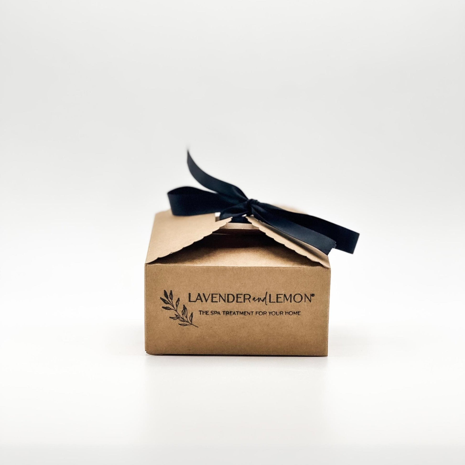 Kraft paper soap set gift box with black ribbon and 'Lavender & Lemon' branding on a white background