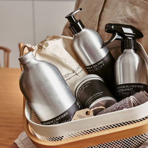 Lavender & Lemon cleaning products in beautiful aluminium bottles.